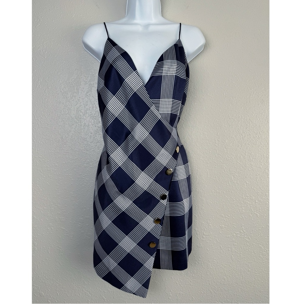 Stylestalker blue plaid asymmetrical button sleeveless mini dress S - Picture 10 of 10